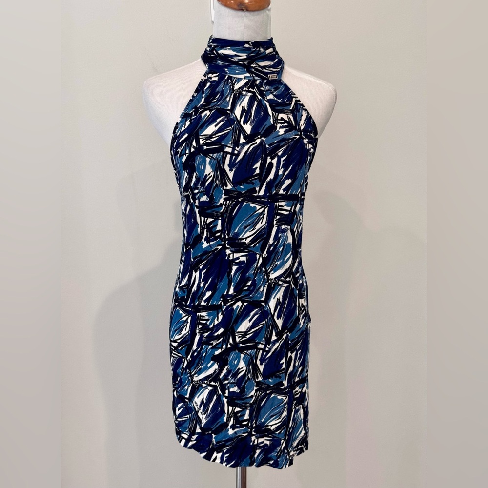 Miss Sixty Italy blue halter backless top abstract viscose sexy summer XS